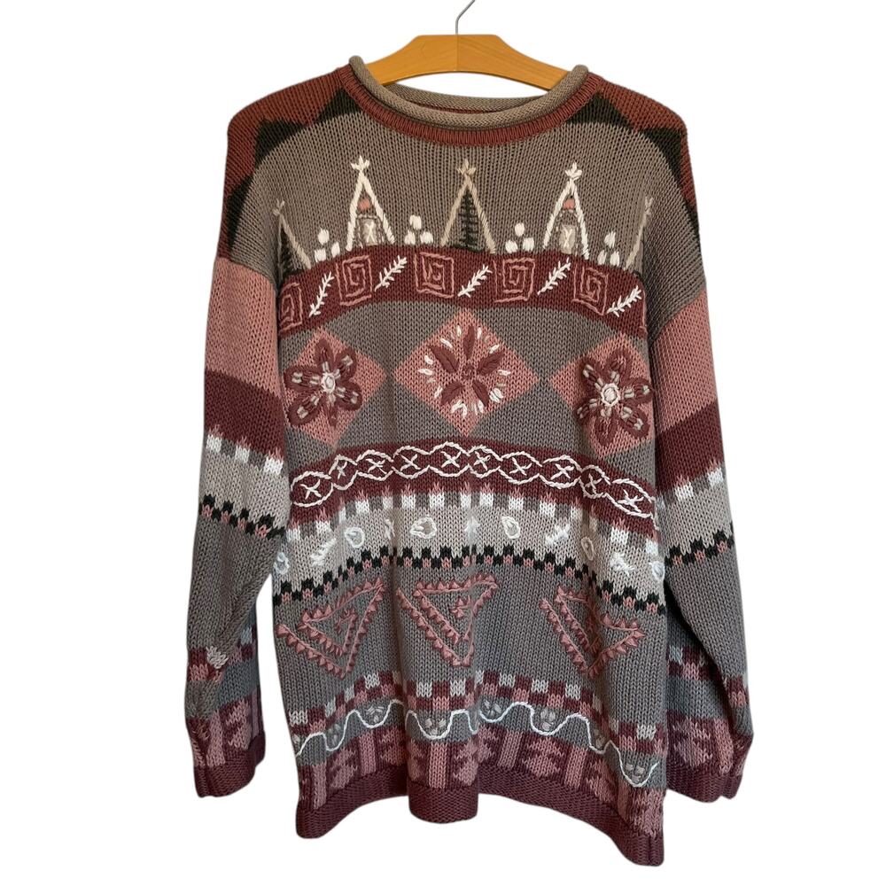 Vintage Christopher & Banks Geometric Floral Embroidered Sweater Granny Size M